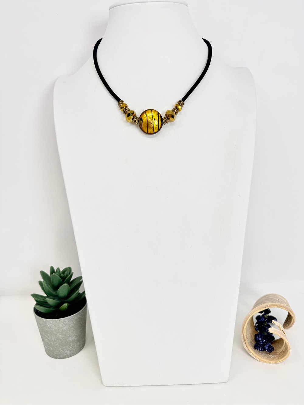 Artisan Murano Style Gold Foil Glass Bead Cord Necklace